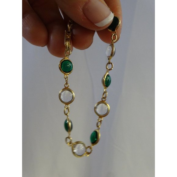 Vtg Glass Dome Crystal BEADS Gold Edged GREEN CLEAR Long Necklace & Bracelet JA - Picture 3 of 6